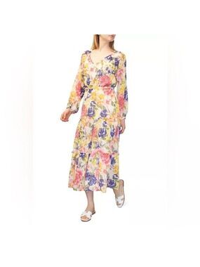 Dylan Ryan Yellow Floral V-Neck Balloon Sleeve Tiered Ruffle Dress Size XL